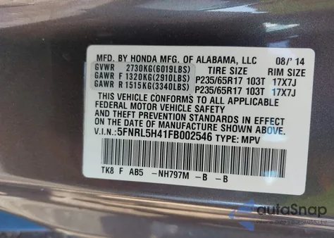 2015 Honda Odyssey Ex z USA, uszkodzony, nr VIN 5FNRL5H41FB002546